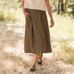 New Pact 100% Cotton Striped Button Front Midi Skirt Camel Small